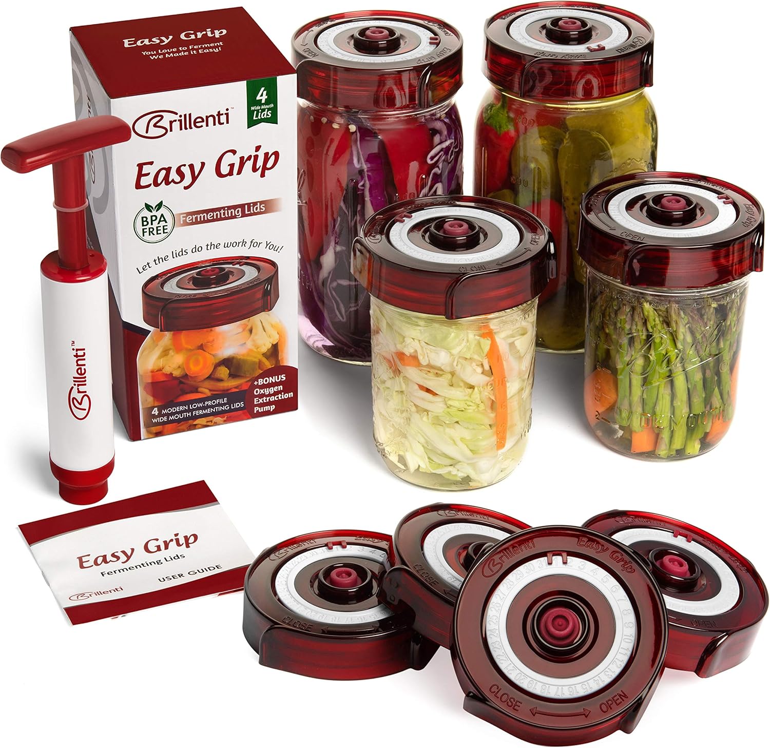 Image of Brillenti Easy Grip Fermenting Lids Kit (4-Pack + Pump)