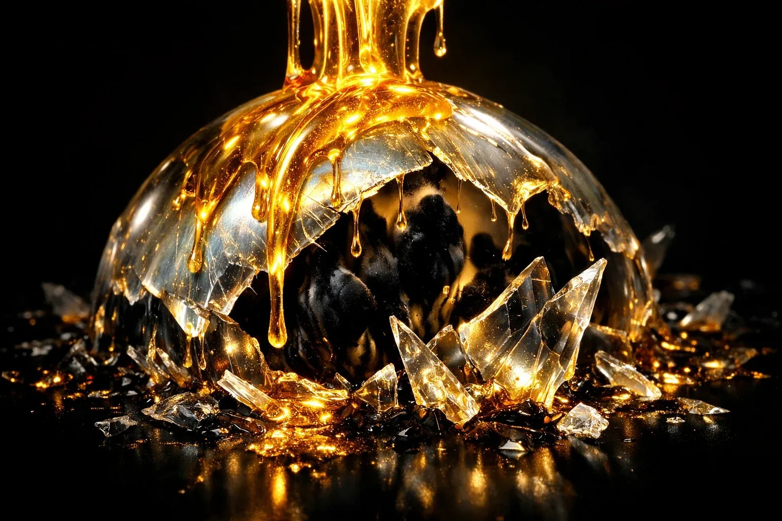 Abstract macro photography style: a shimmering iridescent dome (biofilm) being dissolved by golden liquid light pouring over it like honey. The dome cracks and fragments into crystalline shards. Trapped dark shapes inside are exposed to light for the first time. Colors: obsidian black, molten gold, pearl white. Dramatic chiaroscuro lighting. Inspired by Ernst Haeckel's scientific illustrations meets contemporary digital art.