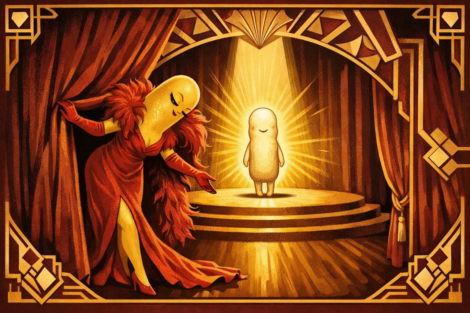 Art deco theater scene. A dramatic bacteria character (B. coagulans) in a flowing red gown and feather boa, taking a theatrical bow while exiting through velvet curtains. In the spotlight center stage, a humble but powerful figure (B. subtilis) in simple white, emanating quiet golden light. 1920s poster art style with geometric patterns. Rich burgundy, gold leaf, cream palette. Vintage glamour meets microbiology.