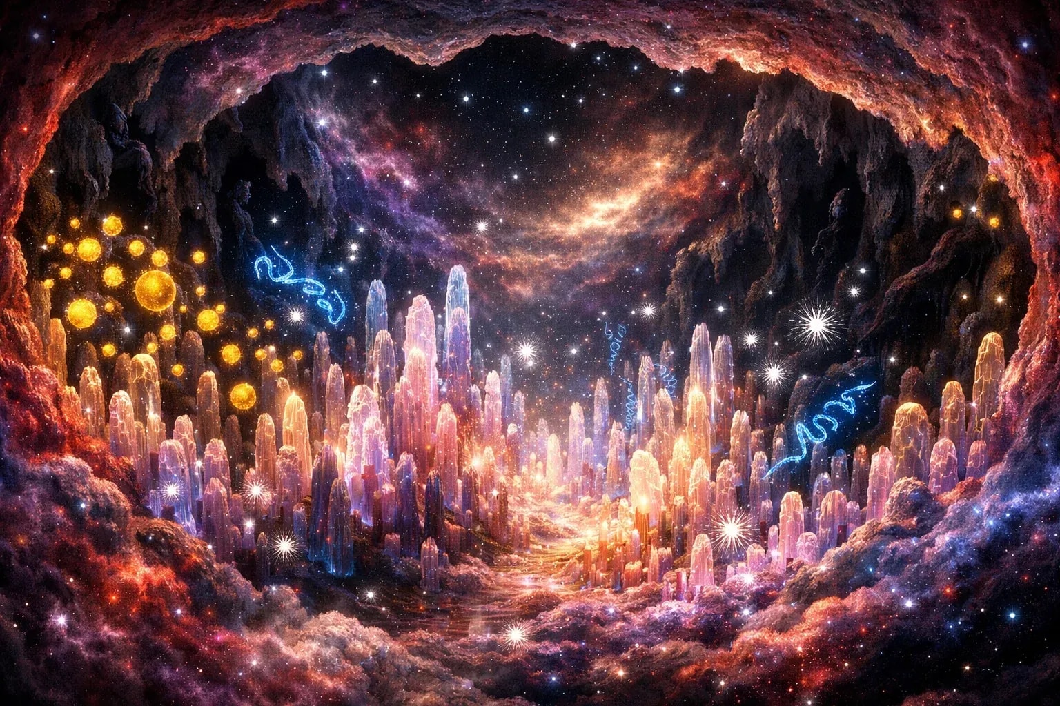Cross-section of human intestine reimagined as a cosmic nebula. Villi rendered as towering crystal formations in a vast cavern. Three types of beneficial bacteria visualized as different colored bioluminescent organisms: golden orbs (L. reuteri), blue spirals (L. gasseri), and brilliant white starbursts (B. subtilis). Dark pathogenic shadows retreating into crevices. NASA deep space photography meets anatomical illustration. Awe-inspiring scale.