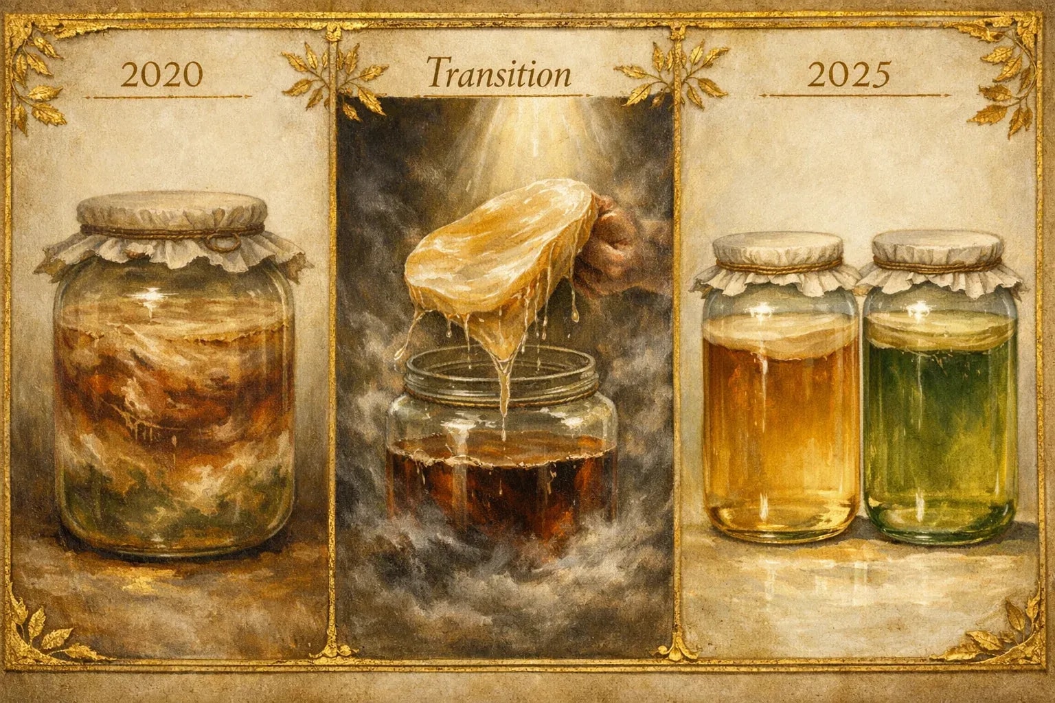 Horizontal triptych showing recipe evolution. Left panel: 2020, three strains in one jar, slightly chaotic swirls, warm but murky. Center panel: transition moment, one strain separating, dramatic lighting. Right panel: 2025, two pristine jars in perfect harmony, crystal clear, luminous. Painted in the style of classical scientific botanical illustrations with gold leaf accents. Parchment texture background. Museum-quality presentation.