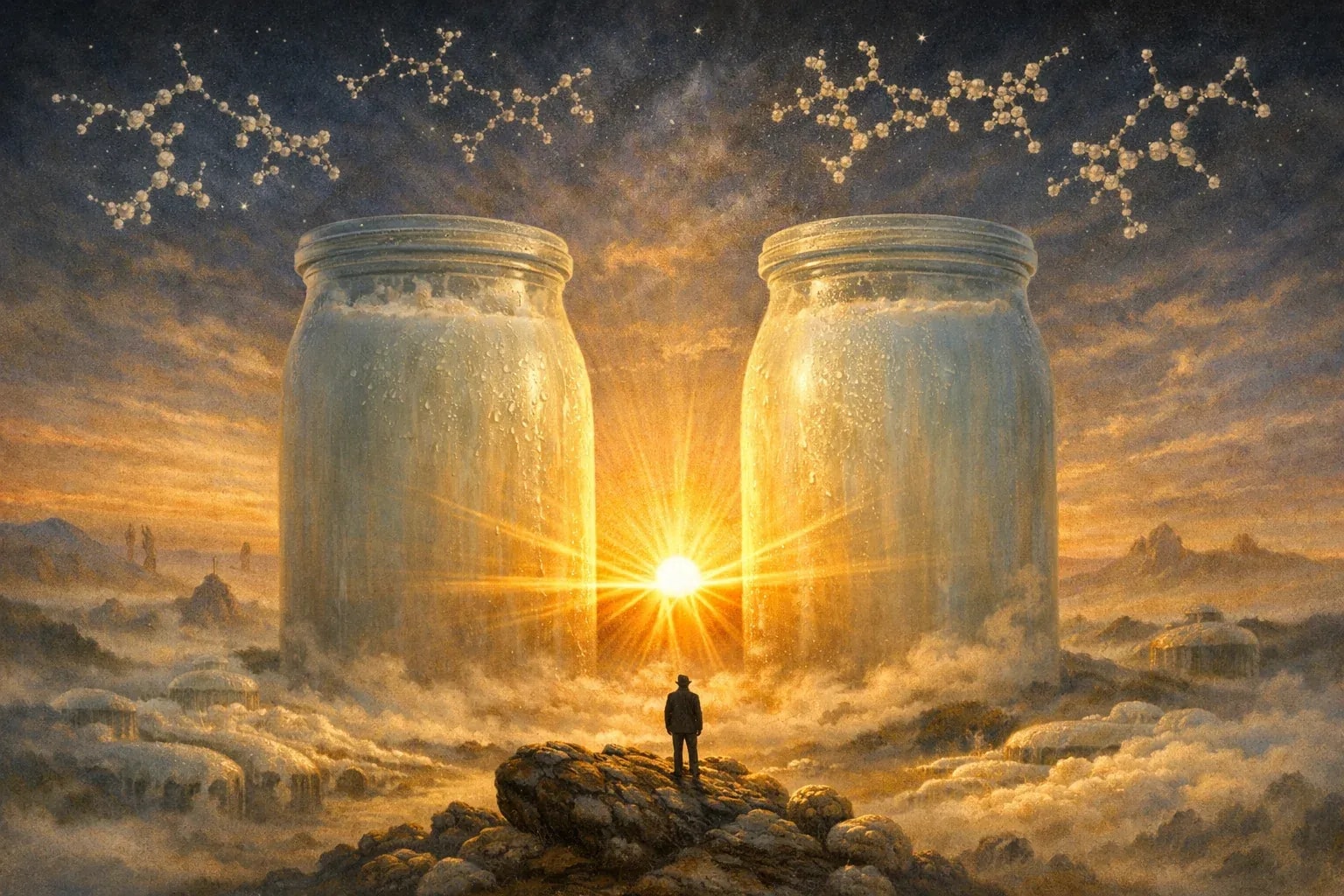 Surrealist landscape at dawn. Two massive translucent yogurt jars rise from a misty fermentation landscape like ancient monoliths. The sun rises exactly between them, casting golden rays. Tiny human figure stands at the base for scale, looking up in wonder. In the sky, molecular structures of bacteriocins form constellation patterns. Salvador Dalí meets Caspar David Friedrich. Epic, contemplative, transformative. The feeling of standing at the edge of new knowledge.