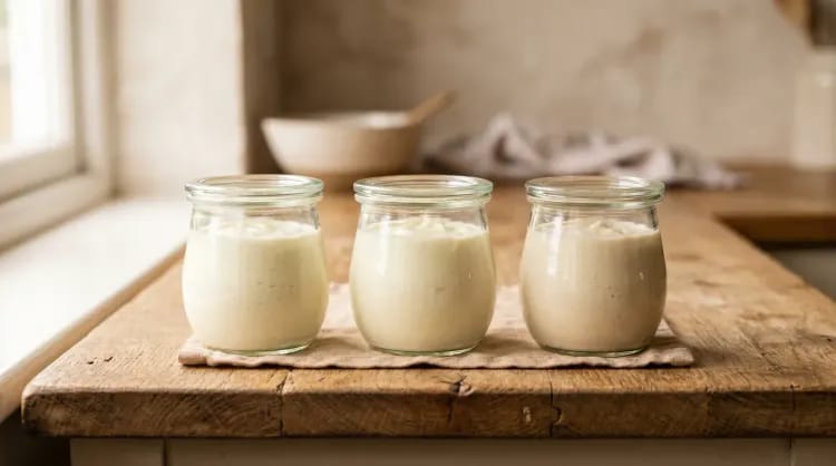 Three glass jars of thick homemade L. reuteri yogurt on a wooden kitchen counter