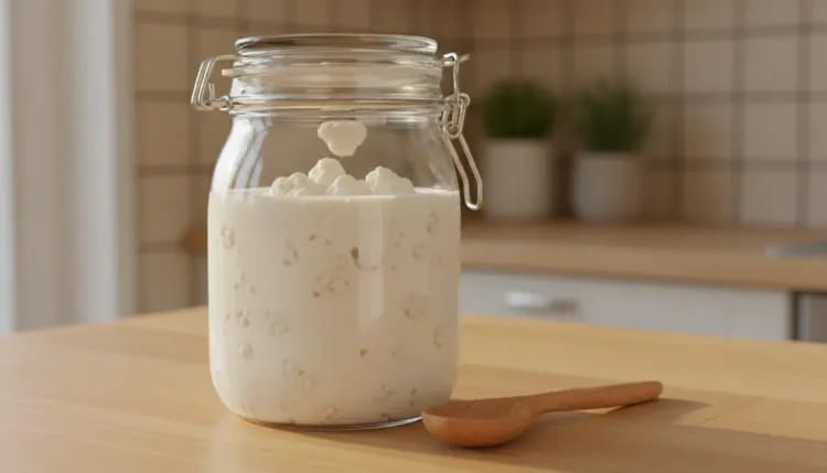 Glass jar of milk with kefir grains on wooden surface in natural light