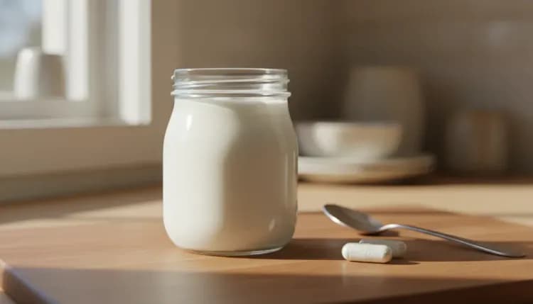 Simple jar of white yogurt with two probiotic capsules on wooden surface