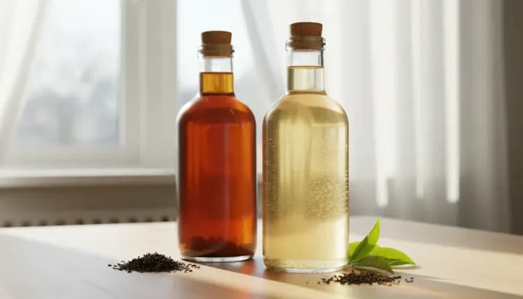 Two glass bottles of fermented tea side by side, showing jun's lighter golden color compared to kombucha's darker amber