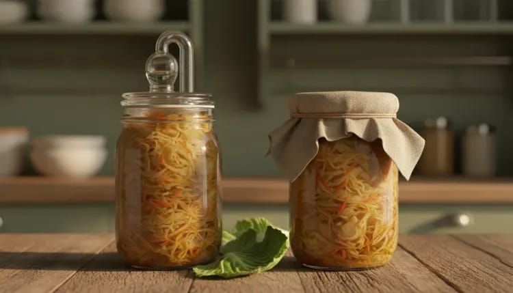 Two jars of sauerkraut side by side, one with airlock and one with cloth cover