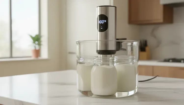 Sous vide precision cooker maintaining yogurt jars at exact temperature in water bath