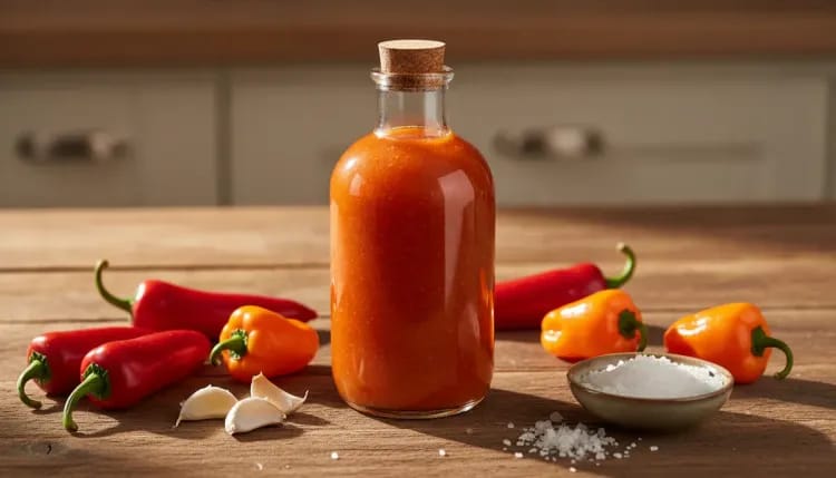 Bottle of homemade fermented hot sauce surrounded by fresh peppers and garlic