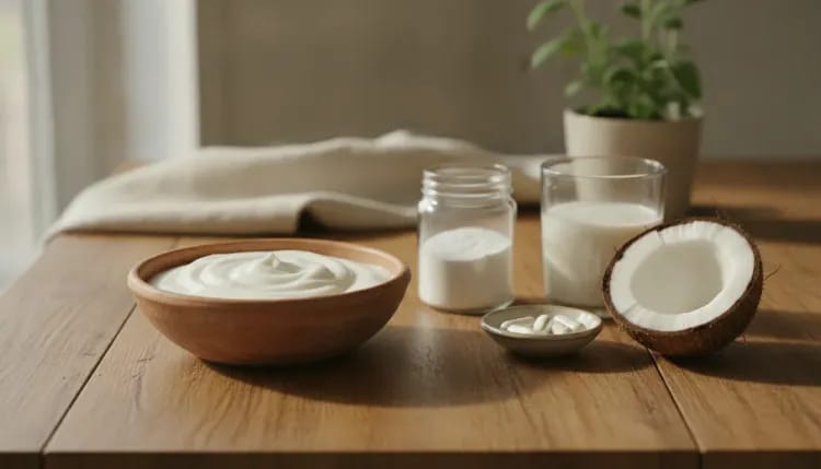 Creamy homemade coconut-milk L. reuteri yogurt in a rustic bowl with plain jars and fresh coconut